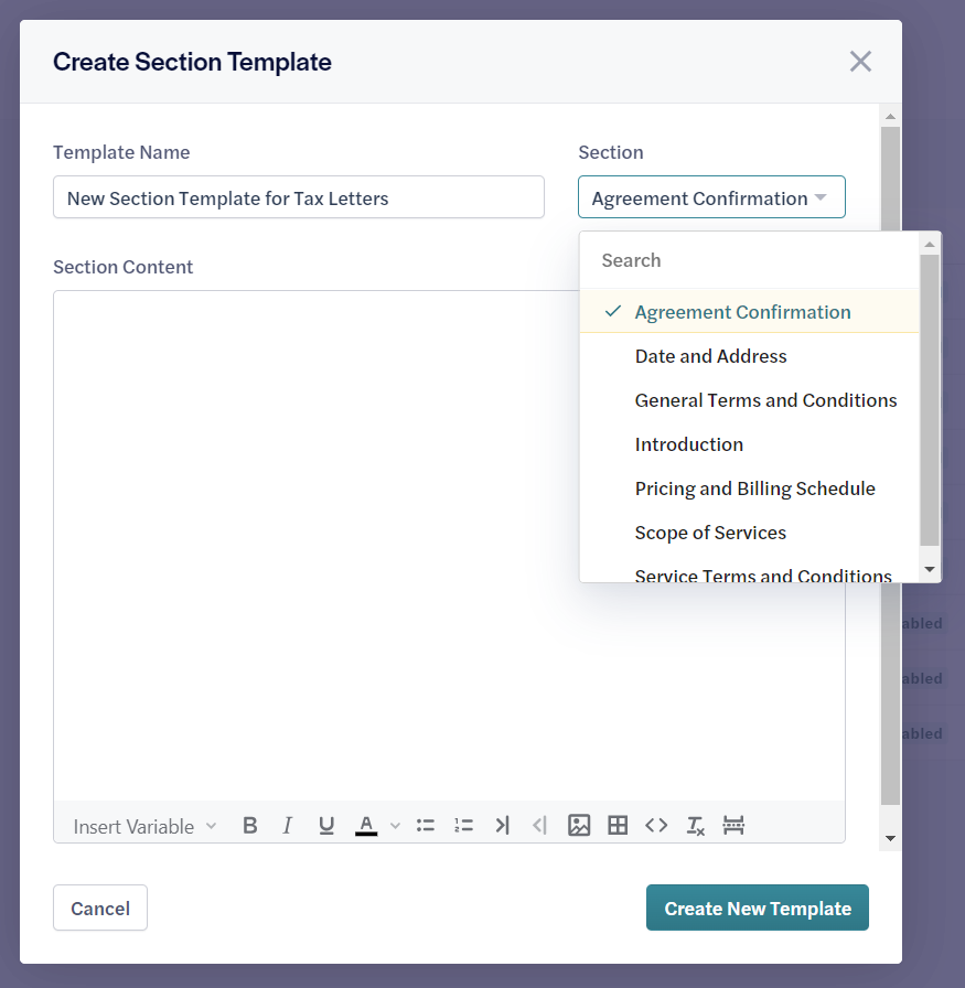 Engagements-Create New Section Template-Demo Portal.png