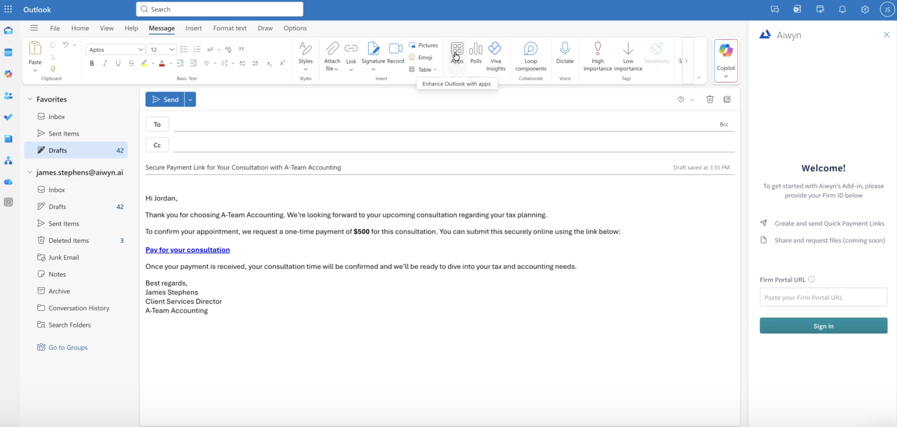 Outlook Add-In for Quick Payment Links